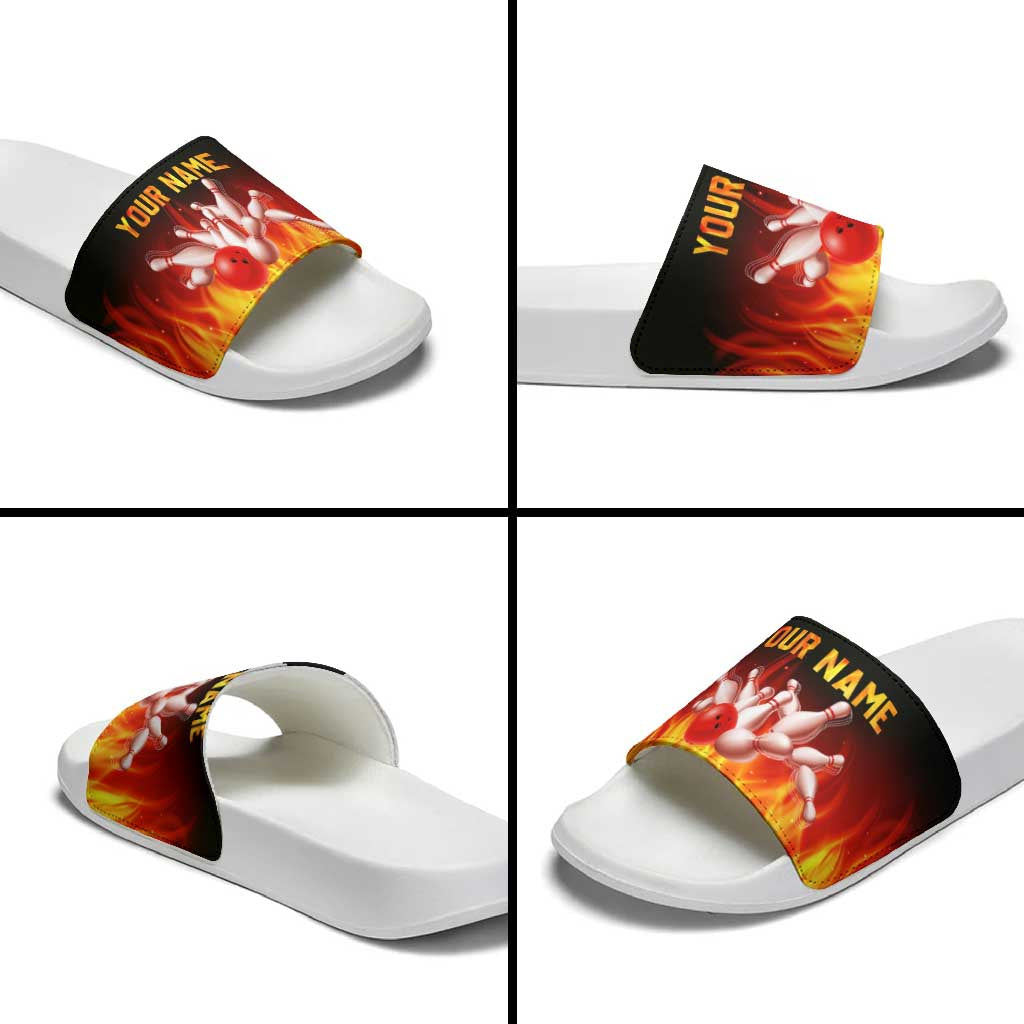 Bowling Ball and Pins Design Slide Sandals with Flame Background and Custom Team Name Text TS04