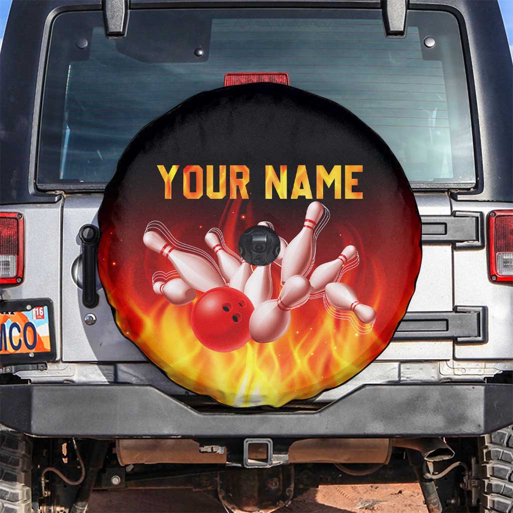 Bowling Ball and Pins Design Spare Tire Cover with Flame Background and Custom Team Name Text TS04
