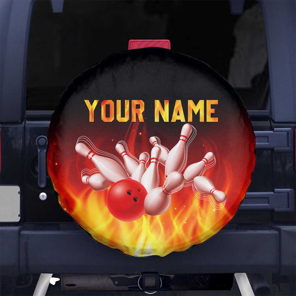 Bowling Ball and Pins Design Spare Tire Cover with Flame Background and Custom Team Name Text TS04