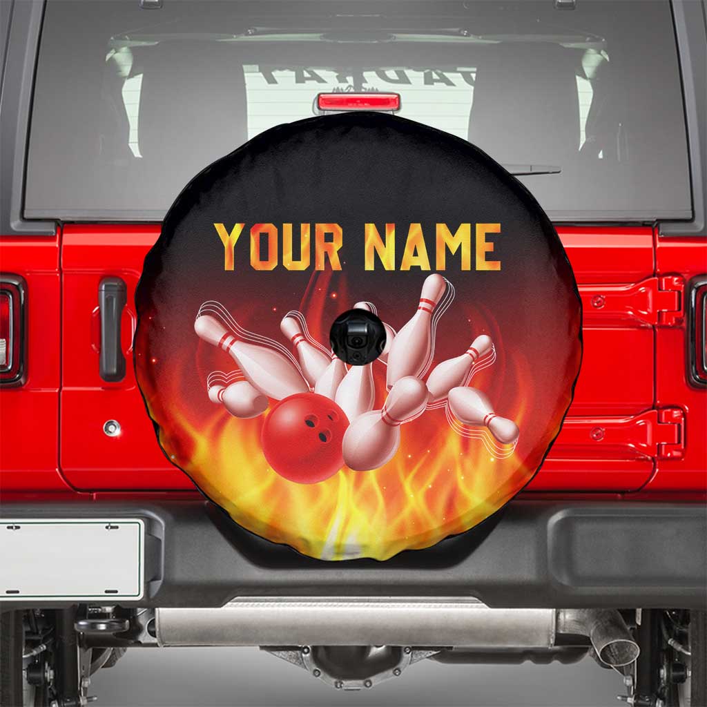 Bowling Ball and Pins Design Spare Tire Cover with Flame Background and Custom Team Name Text TS04