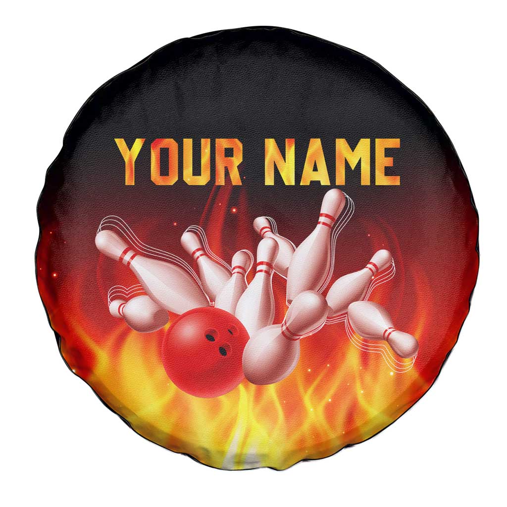 Bowling Ball and Pins Design Spare Tire Cover with Flame Background and Custom Team Name Text TS04