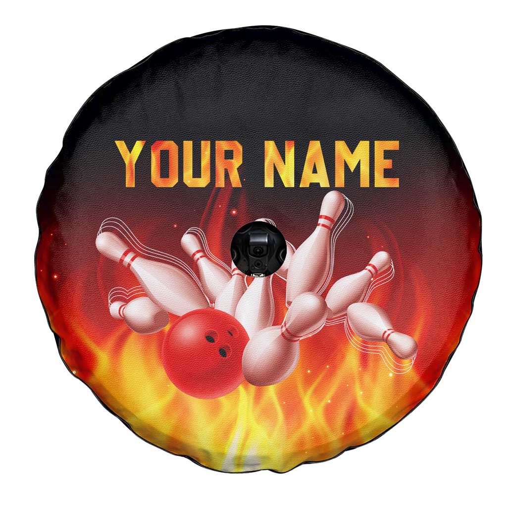 Bowling Ball and Pins Design Spare Tire Cover with Flame Background and Custom Team Name Text TS04
