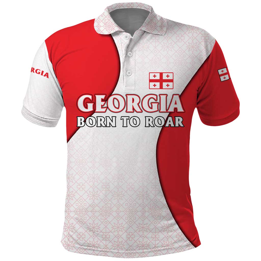Georgia Flag Polo Shirt with Born to Roar with Red Lion and National Symbols TS04