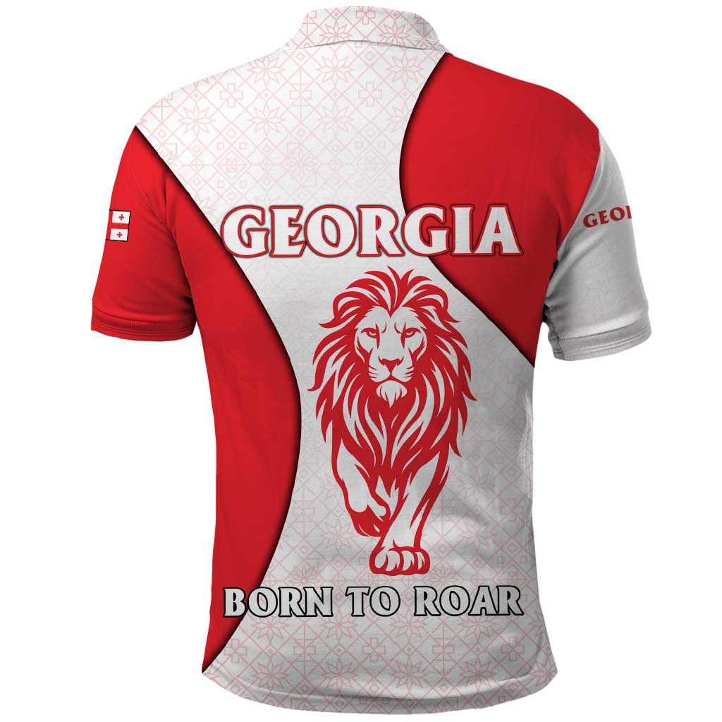 Georgia Flag Polo Shirt with Born to Roar with Red Lion and National Symbols TS04