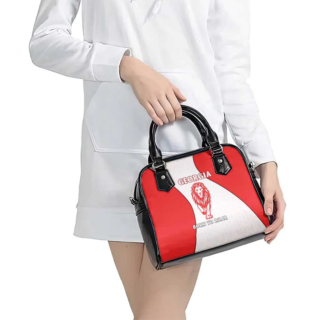Georgia Flag Shoulder Handbag with Born to Roar with Red Lion and National Symbols TS04