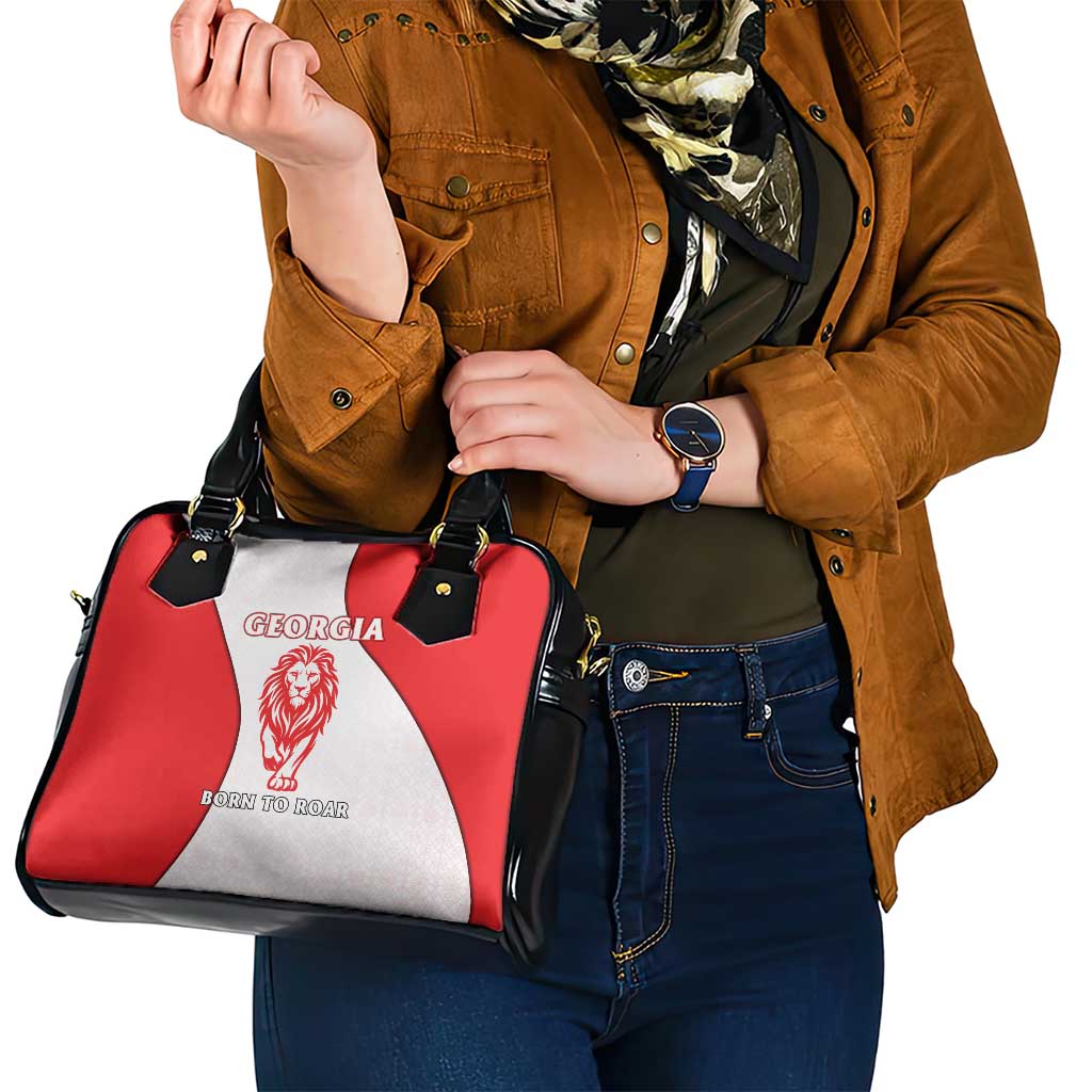 Georgia Flag Shoulder Handbag with Born to Roar with Red Lion and National Symbols TS04