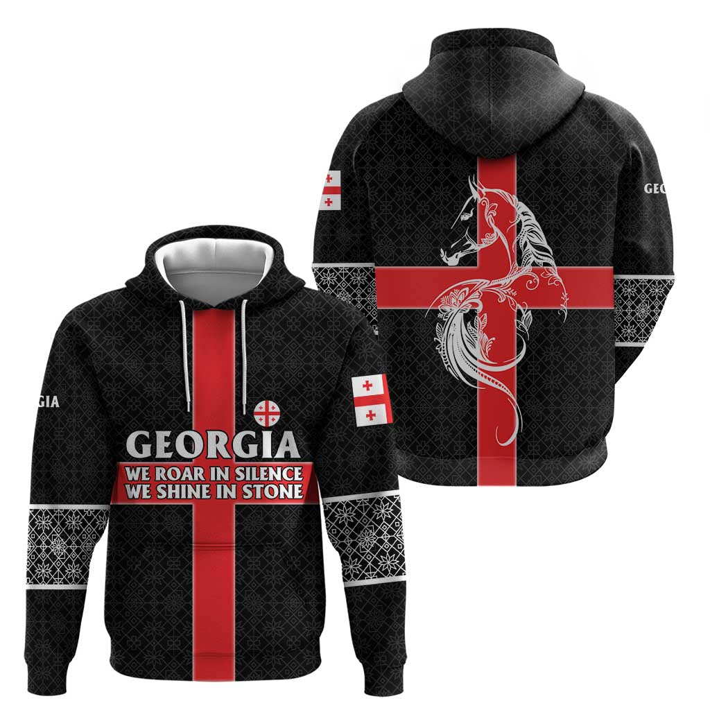 Georgia Hoodie with Black Patterned Red Cross with Dragon Horse Symbol and Silent Pride Quote Design TS04