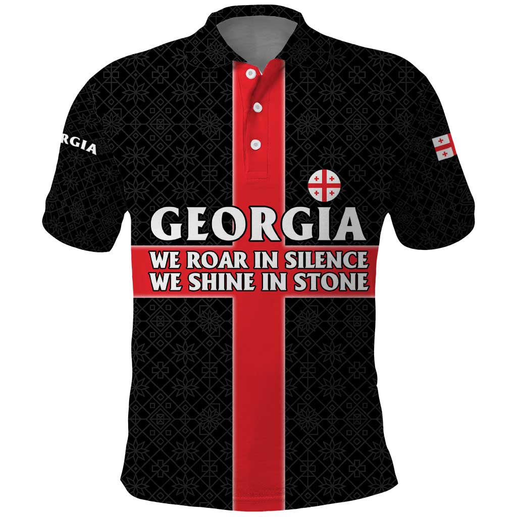 Georgia Polo Shirt with Black Patterned Red Cross with Dragon Horse Symbol and Silent Pride Quote Design TS04