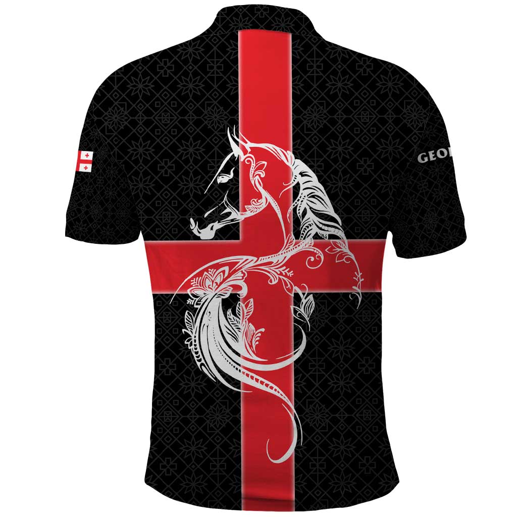 Georgia Polo Shirt with Black Patterned Red Cross with Dragon Horse Symbol and Silent Pride Quote Design TS04