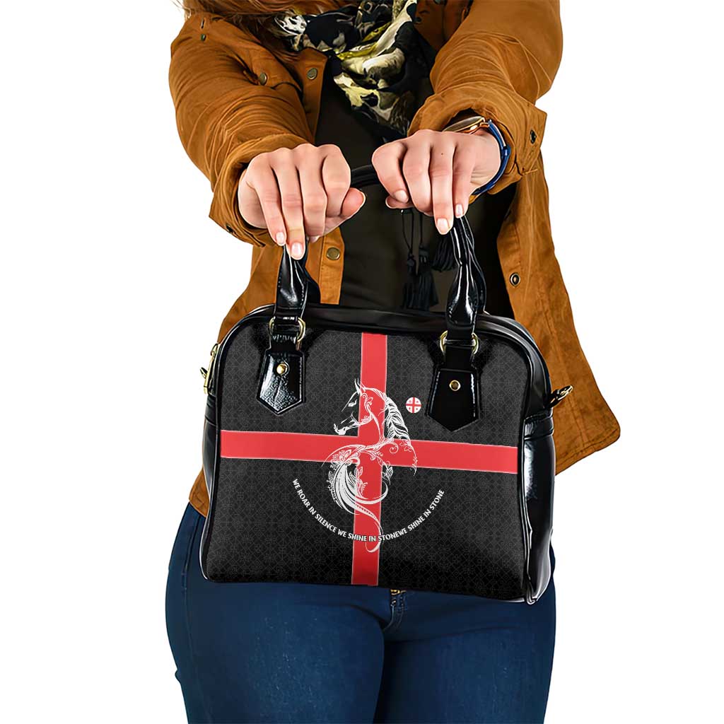 Georgia Shoulder Handbag with Black Patterned Red Cross with Dragon Horse Symbol and Silent Pride Quote Design TS04