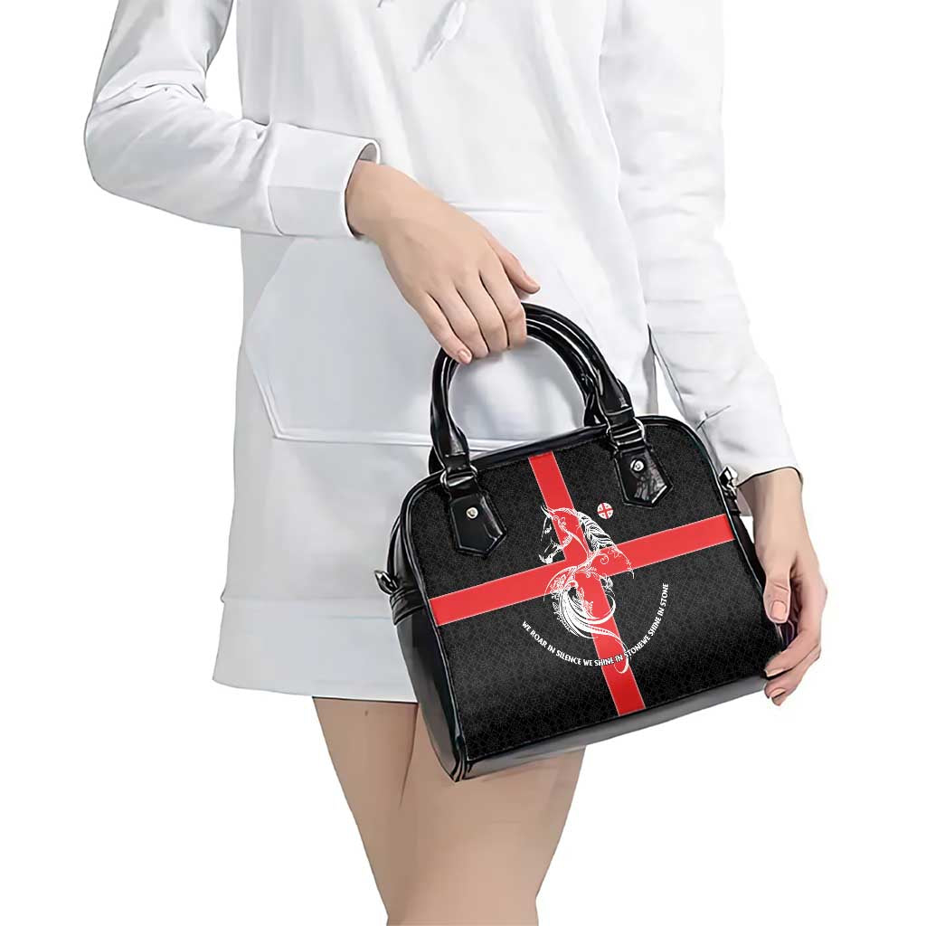 Georgia Shoulder Handbag with Black Patterned Red Cross with Dragon Horse Symbol and Silent Pride Quote Design TS04