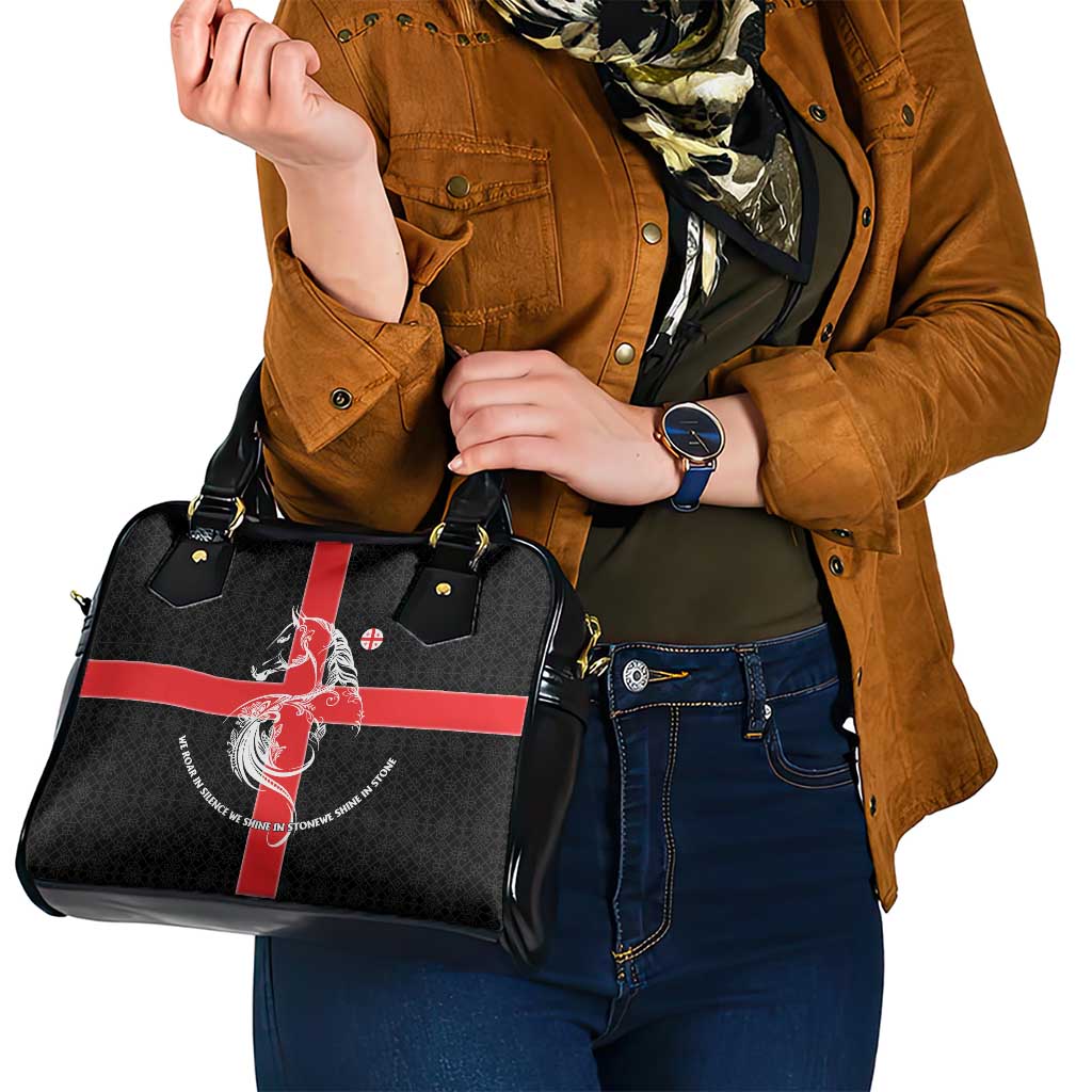 Georgia Shoulder Handbag with Black Patterned Red Cross with Dragon Horse Symbol and Silent Pride Quote Design TS04