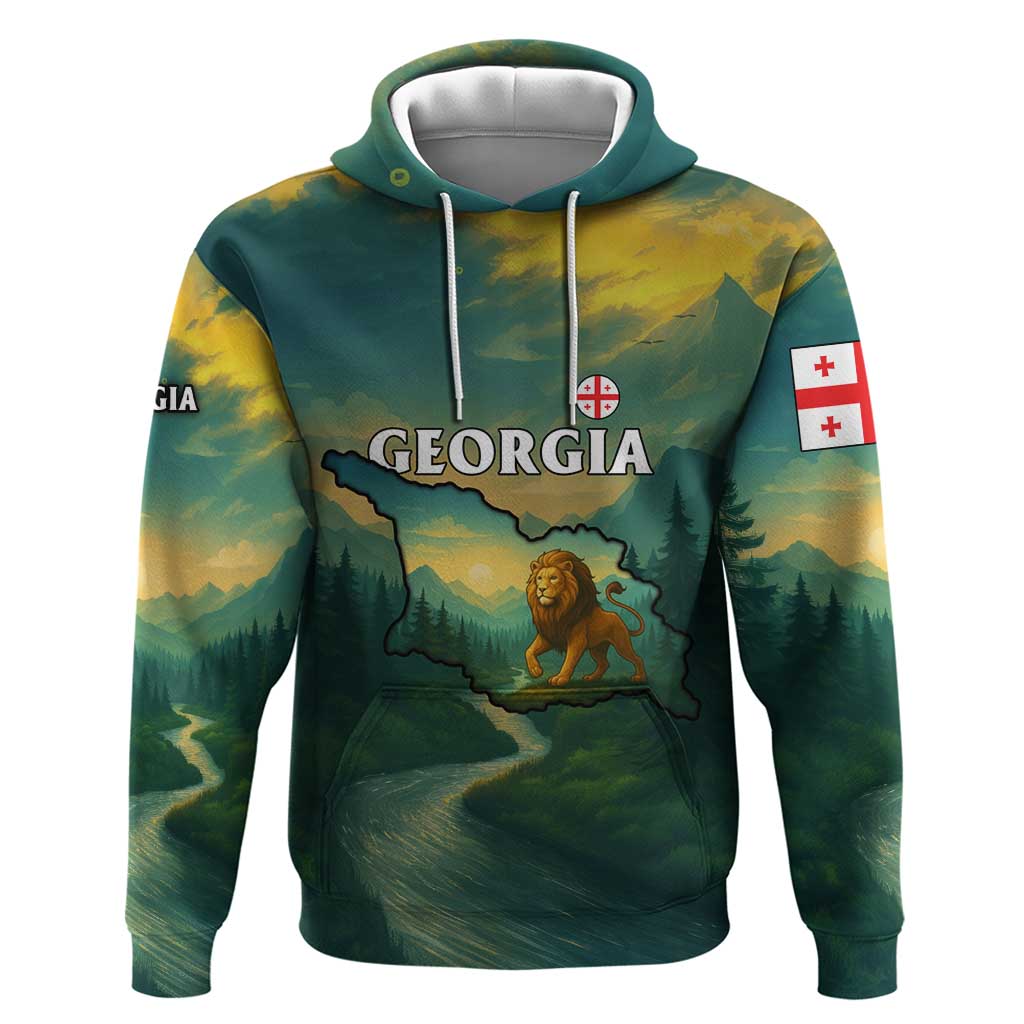 Georgia Hoodie with Green Mountain Landscape with Map Outline Lion and Legends Rise Quote Design TS04