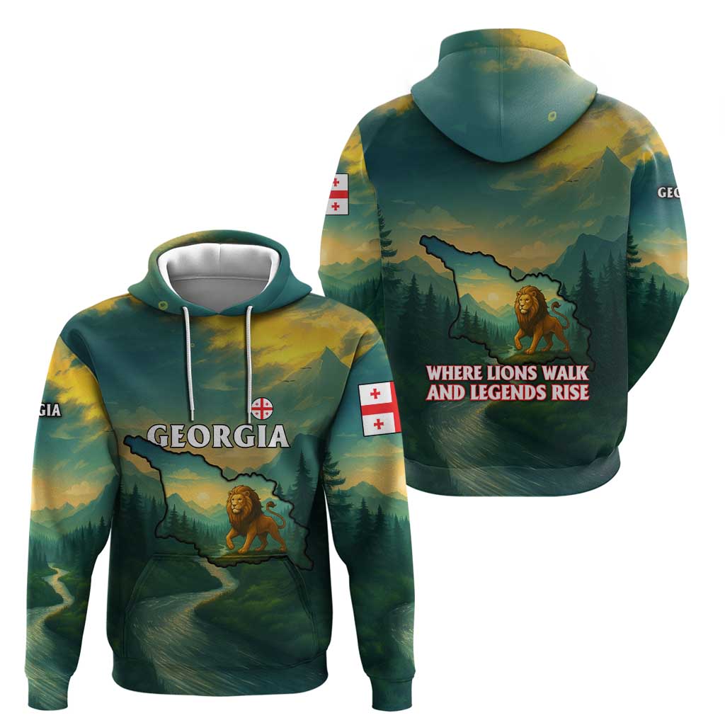 Georgia Hoodie with Green Mountain Landscape with Map Outline Lion and Legends Rise Quote Design TS04