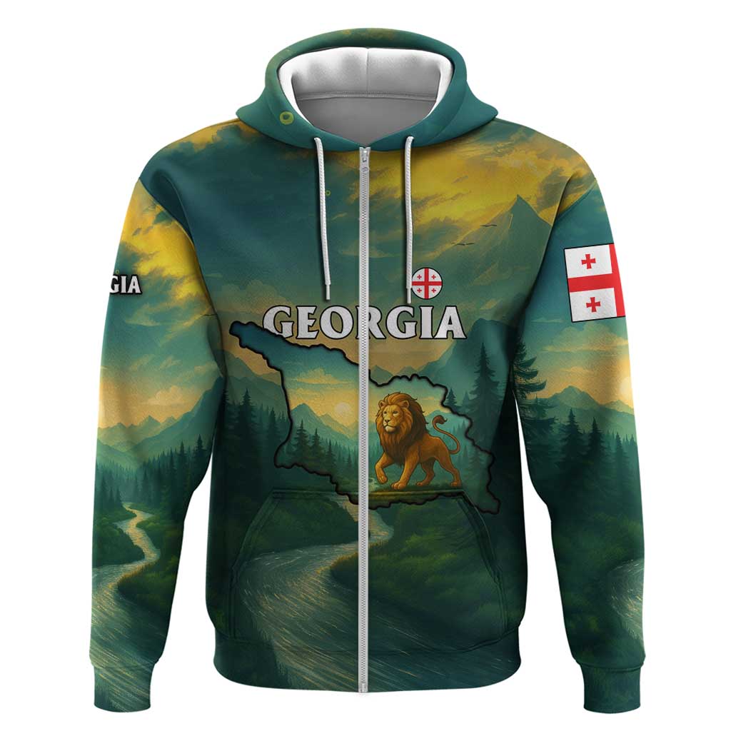 Georgia Hoodie with Green Mountain Landscape with Map Outline Lion and Legends Rise Quote Design TS04