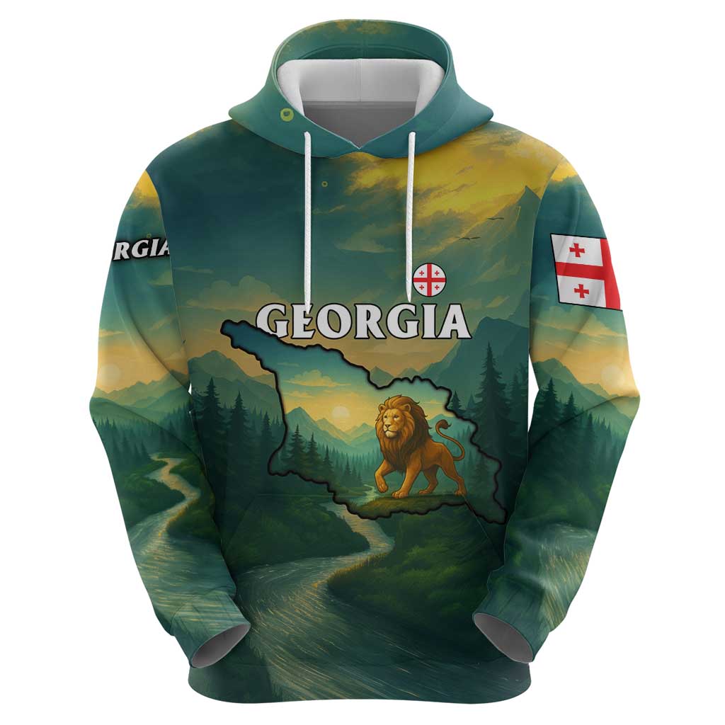 Georgia Hoodie with Green Mountain Landscape with Map Outline Lion and Legends Rise Quote Design TS04