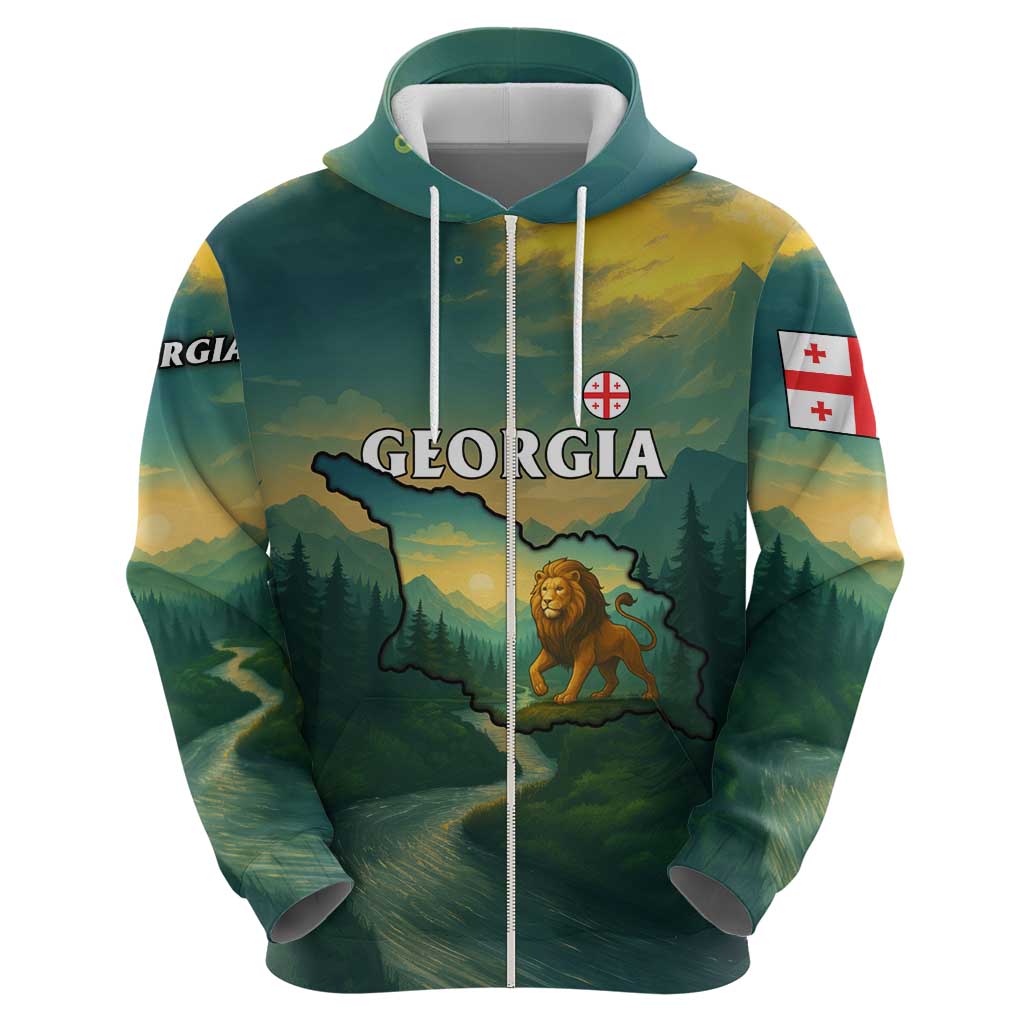 Georgia Hoodie with Green Mountain Landscape with Map Outline Lion and Legends Rise Quote Design TS04
