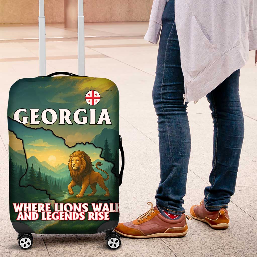 Georgia Luggage Cover with Green Mountain Landscape with Map Outline Lion and Legends Rise Quote Design TS04