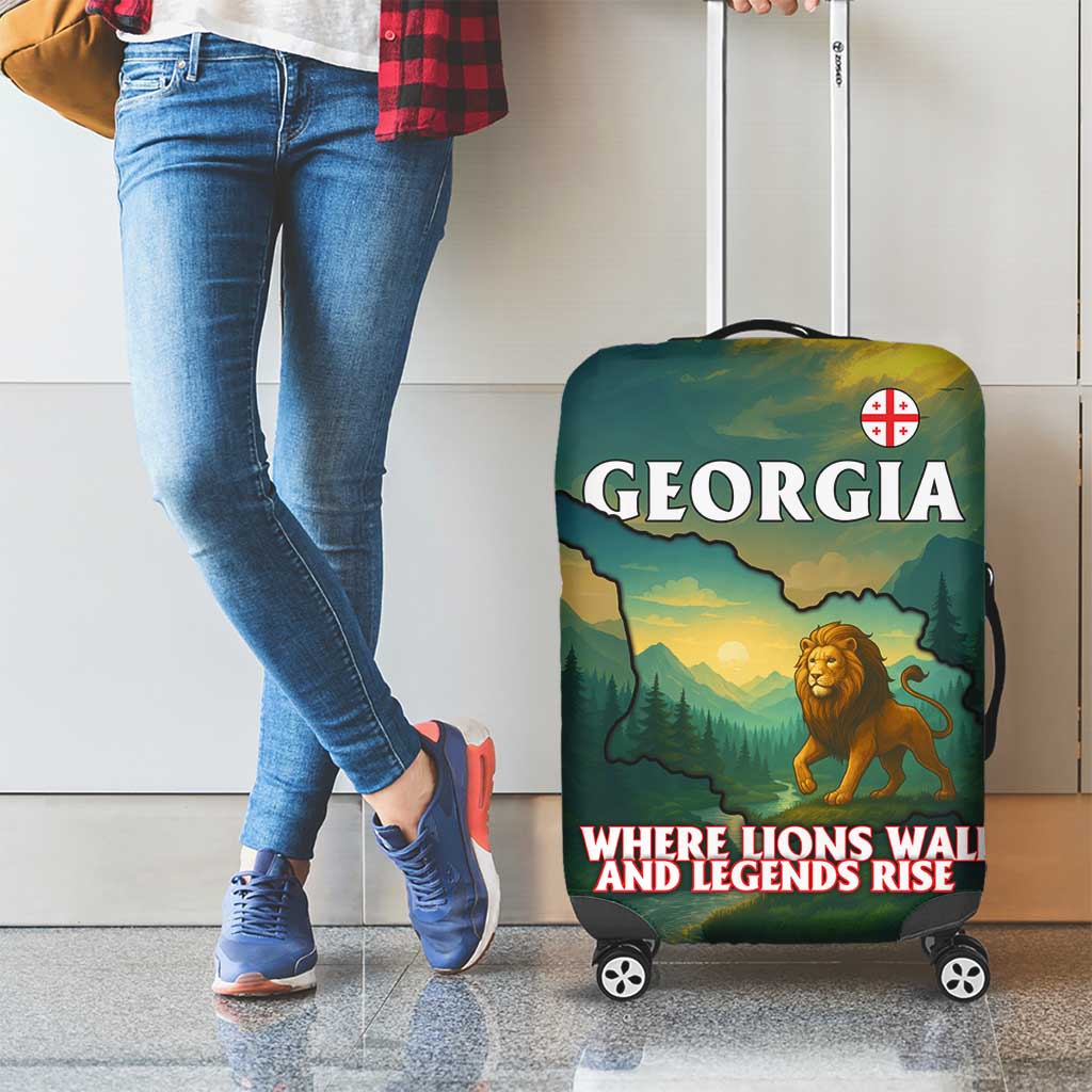 Georgia Luggage Cover with Green Mountain Landscape with Map Outline Lion and Legends Rise Quote Design TS04