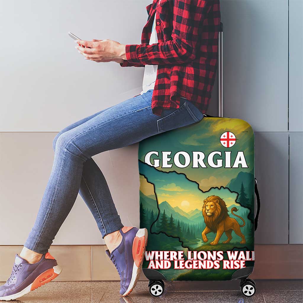 Georgia Luggage Cover with Green Mountain Landscape with Map Outline Lion and Legends Rise Quote Design TS04