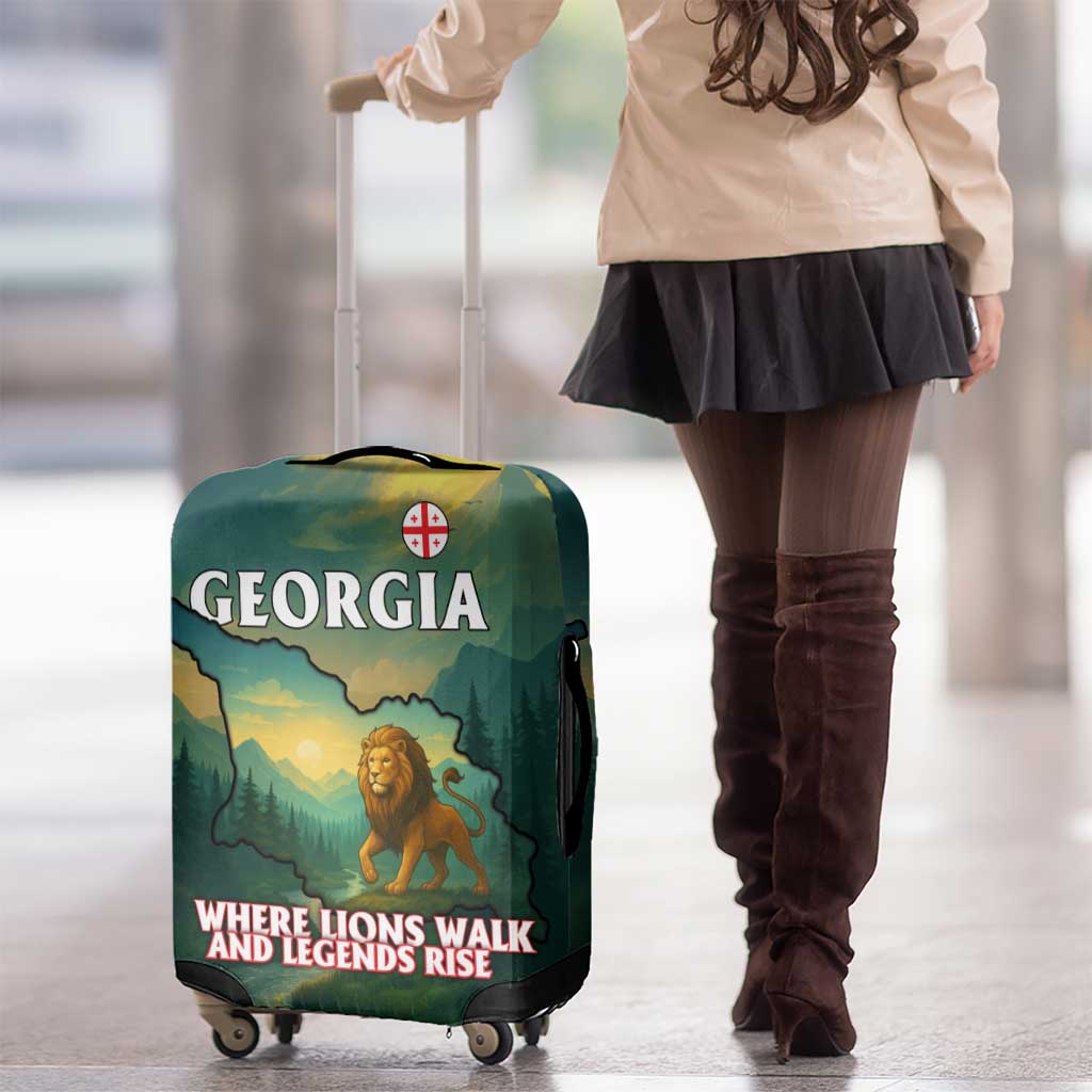 Georgia Luggage Cover with Green Mountain Landscape with Map Outline Lion and Legends Rise Quote Design TS04
