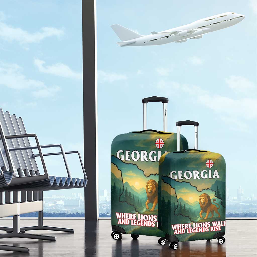Georgia Luggage Cover with Green Mountain Landscape with Map Outline Lion and Legends Rise Quote Design TS04