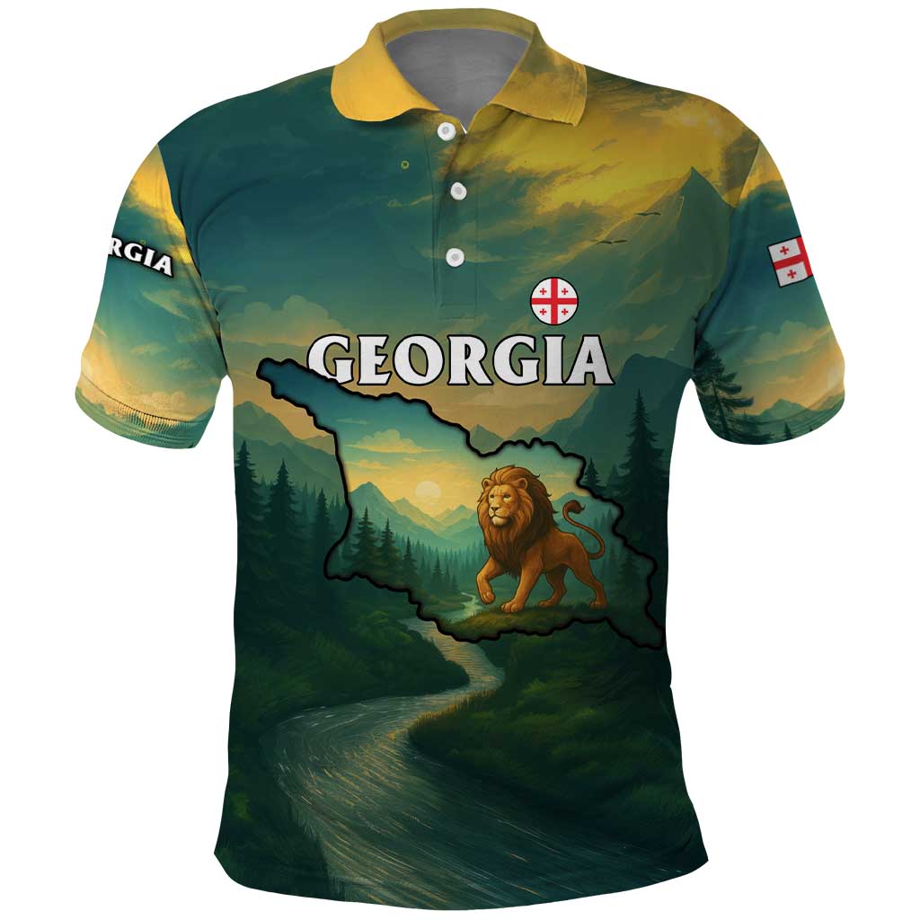 Georgia Polo Shirt with Green Mountain Landscape with Map Outline Lion and Legends Rise Quote Design TS04