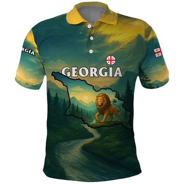 Georgia Polo Shirt with Green Mountain Landscape with Map Outline Lion and Legends Rise Quote Design TS04