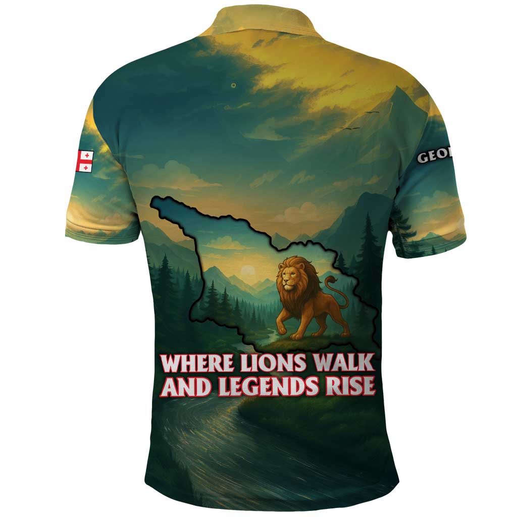 Georgia Polo Shirt with Green Mountain Landscape with Map Outline Lion and Legends Rise Quote Design TS04
