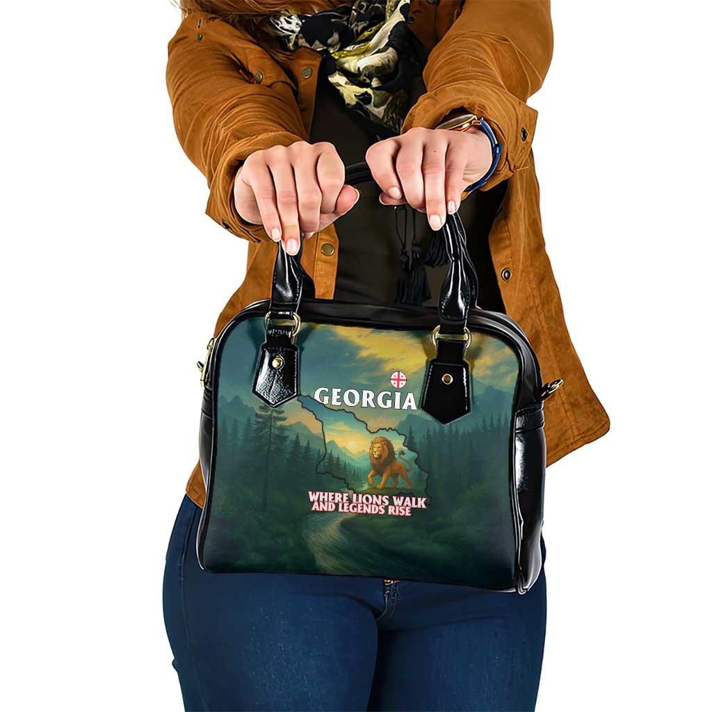 Georgia Shoulder Handbag with Green Mountain Landscape with Map Outline Lion and Legends Rise Quote Design TS04
