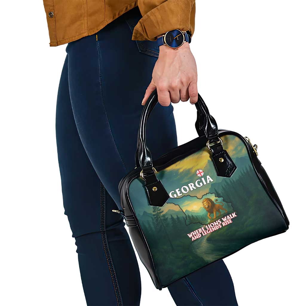 Georgia Shoulder Handbag with Green Mountain Landscape with Map Outline Lion and Legends Rise Quote Design TS04