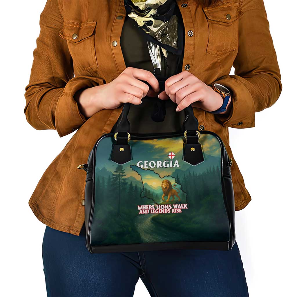 Georgia Shoulder Handbag with Green Mountain Landscape with Map Outline Lion and Legends Rise Quote Design TS04