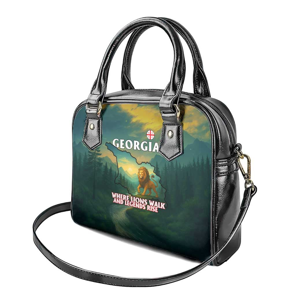 Georgia Shoulder Handbag with Green Mountain Landscape with Map Outline Lion and Legends Rise Quote Design TS04