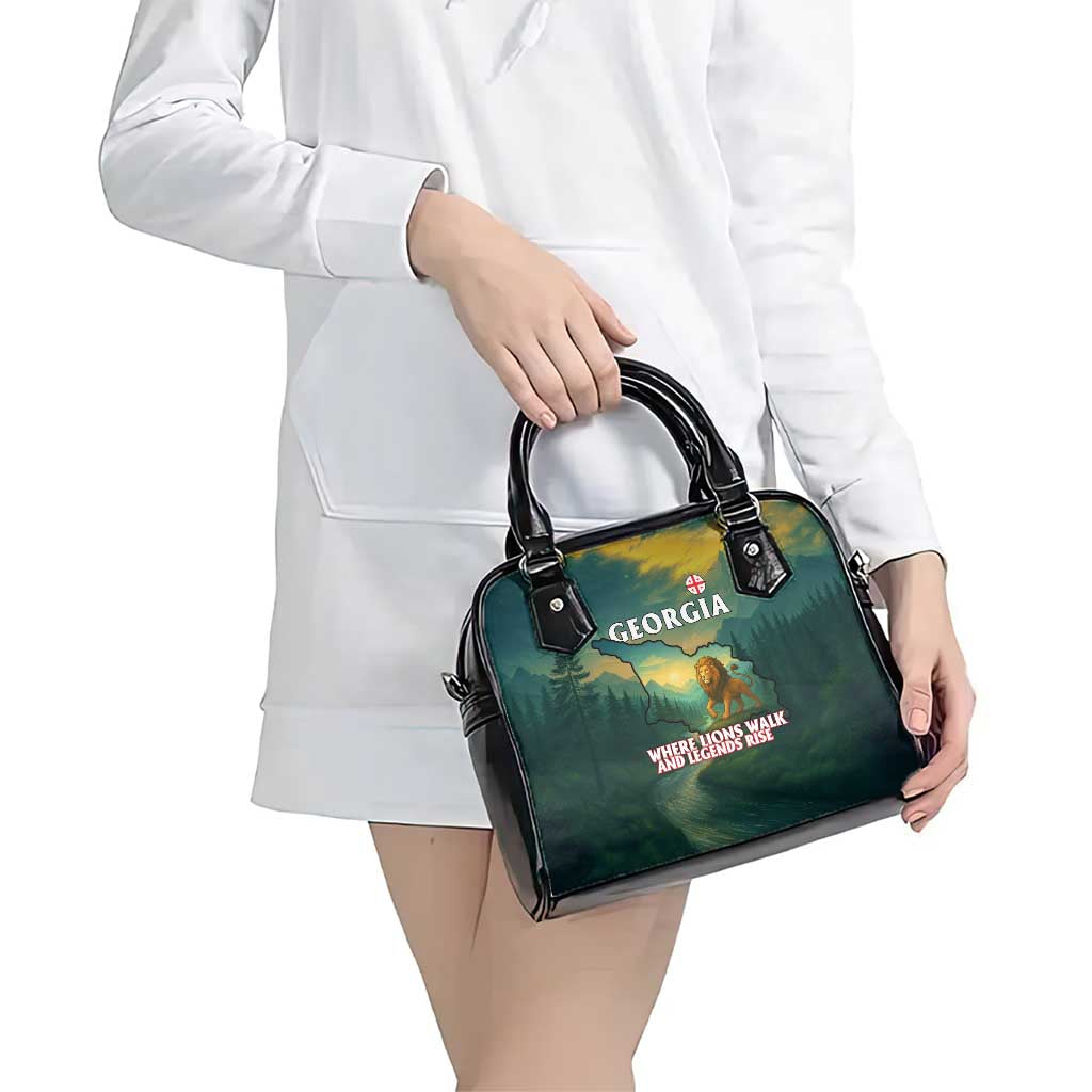 Georgia Shoulder Handbag with Green Mountain Landscape with Map Outline Lion and Legends Rise Quote Design TS04