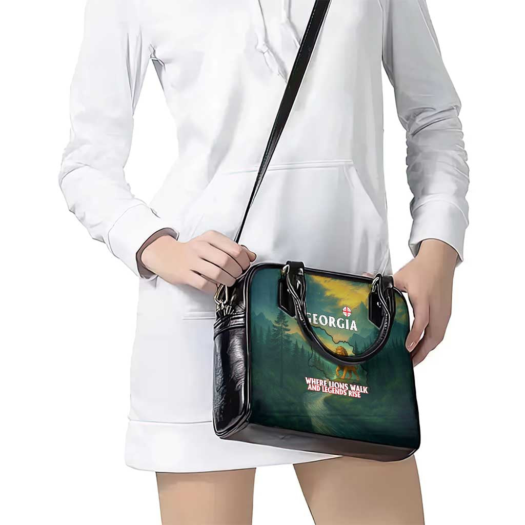 Georgia Shoulder Handbag with Green Mountain Landscape with Map Outline Lion and Legends Rise Quote Design TS04