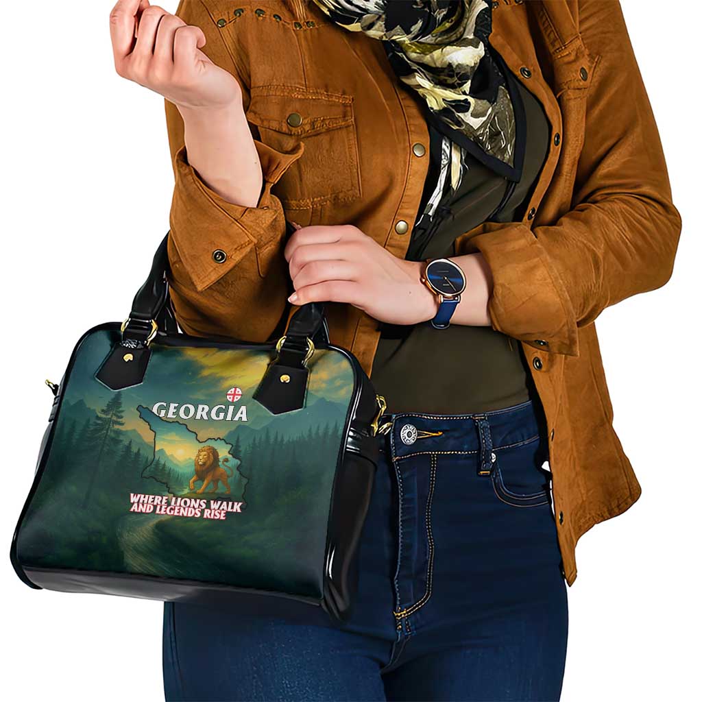 Georgia Shoulder Handbag with Green Mountain Landscape with Map Outline Lion and Legends Rise Quote Design TS04