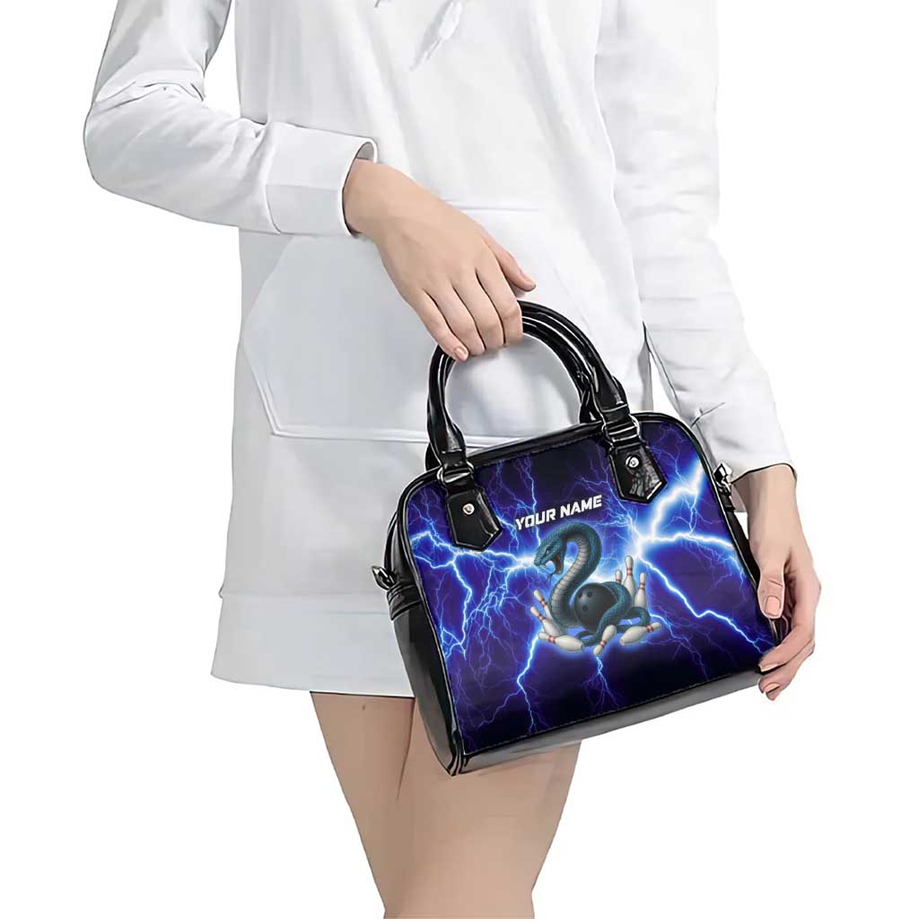 Snake and Bowling Ball Design Shoulder Handbag with Lightning Background and Custom Team Name Text TS04