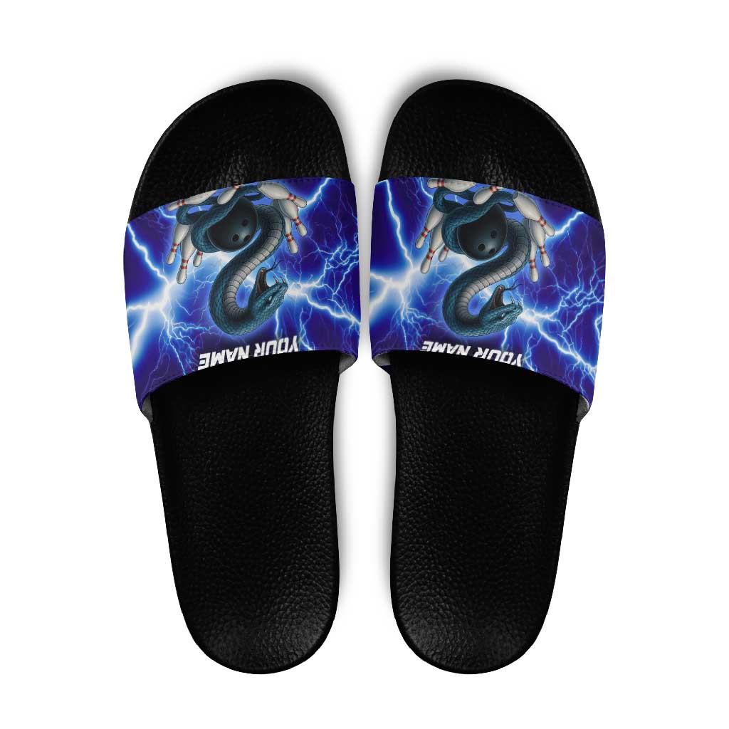 Snake and Bowling Ball Design Slide Sandals with Lightning Background and Custom Team Name Text TS04