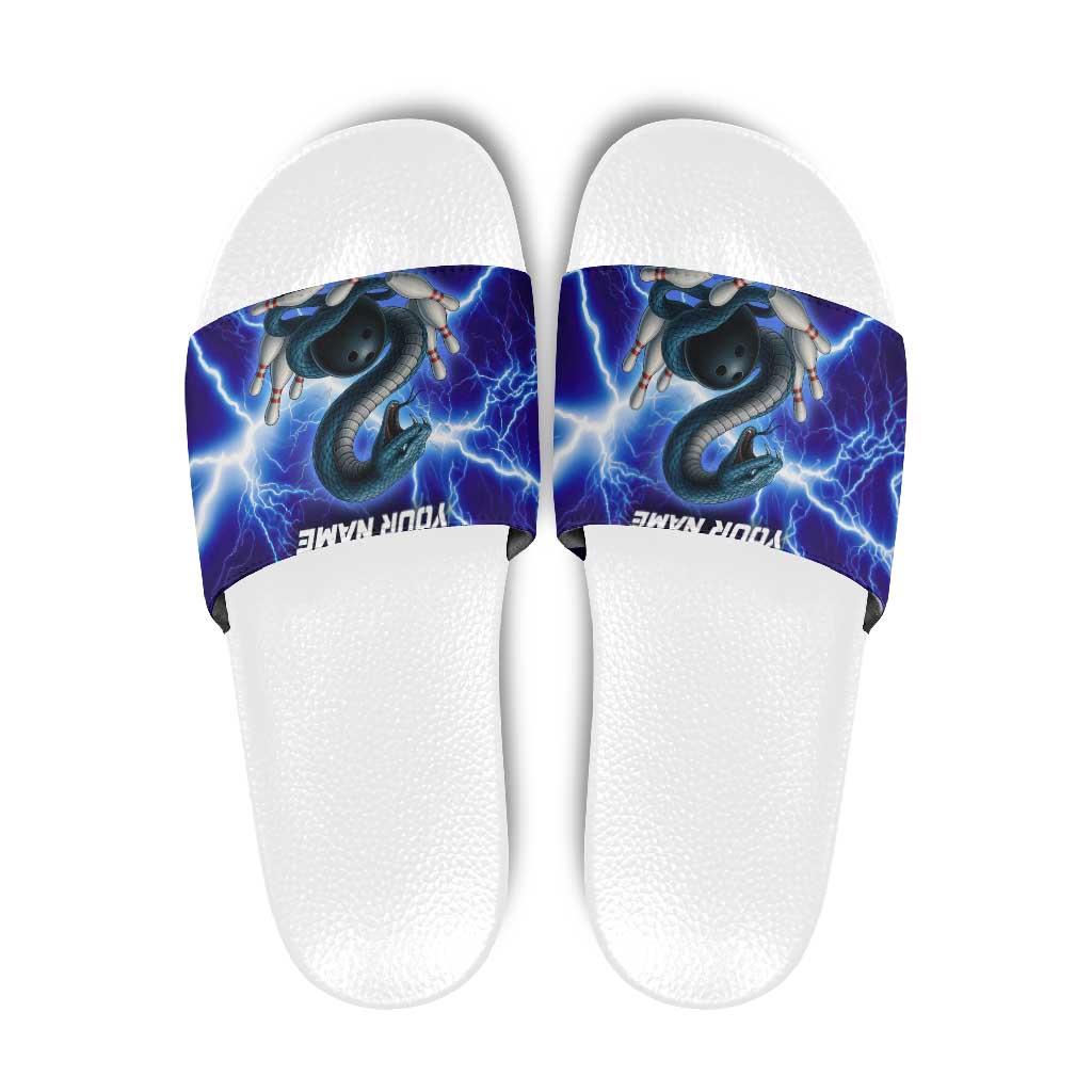 Snake and Bowling Ball Design Slide Sandals with Lightning Background and Custom Team Name Text TS04