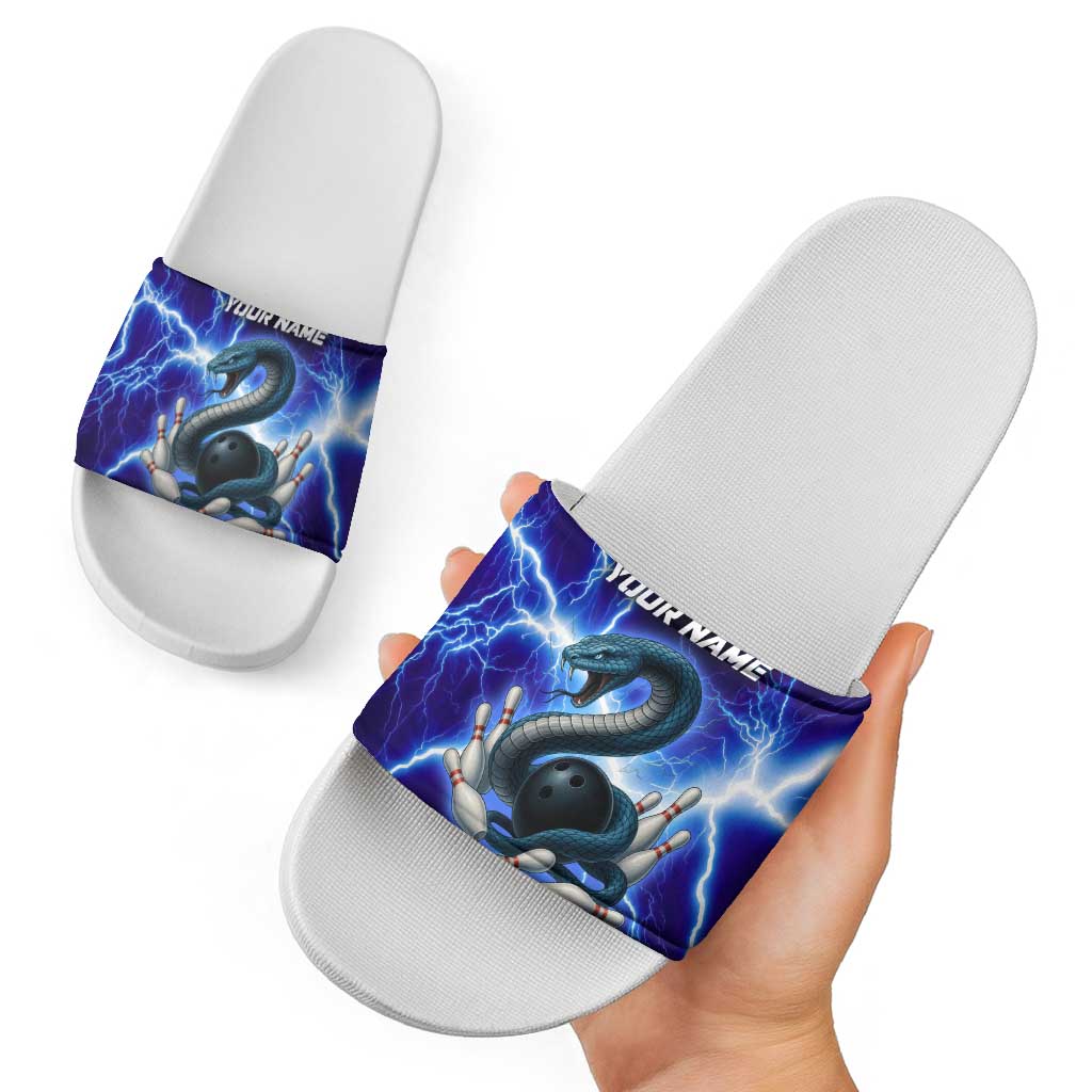 Snake and Bowling Ball Design Slide Sandals with Lightning Background and Custom Team Name Text TS04