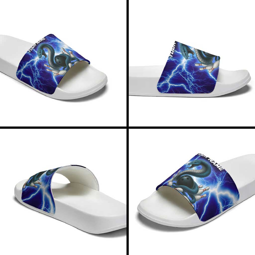 Snake and Bowling Ball Design Slide Sandals with Lightning Background and Custom Team Name Text TS04