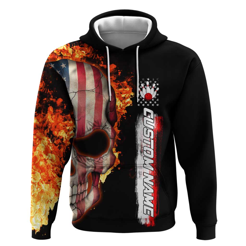 American Flag Skull Design Hoodie with Bowling Elements and Fire Background with Custom Team Name Text TS04
