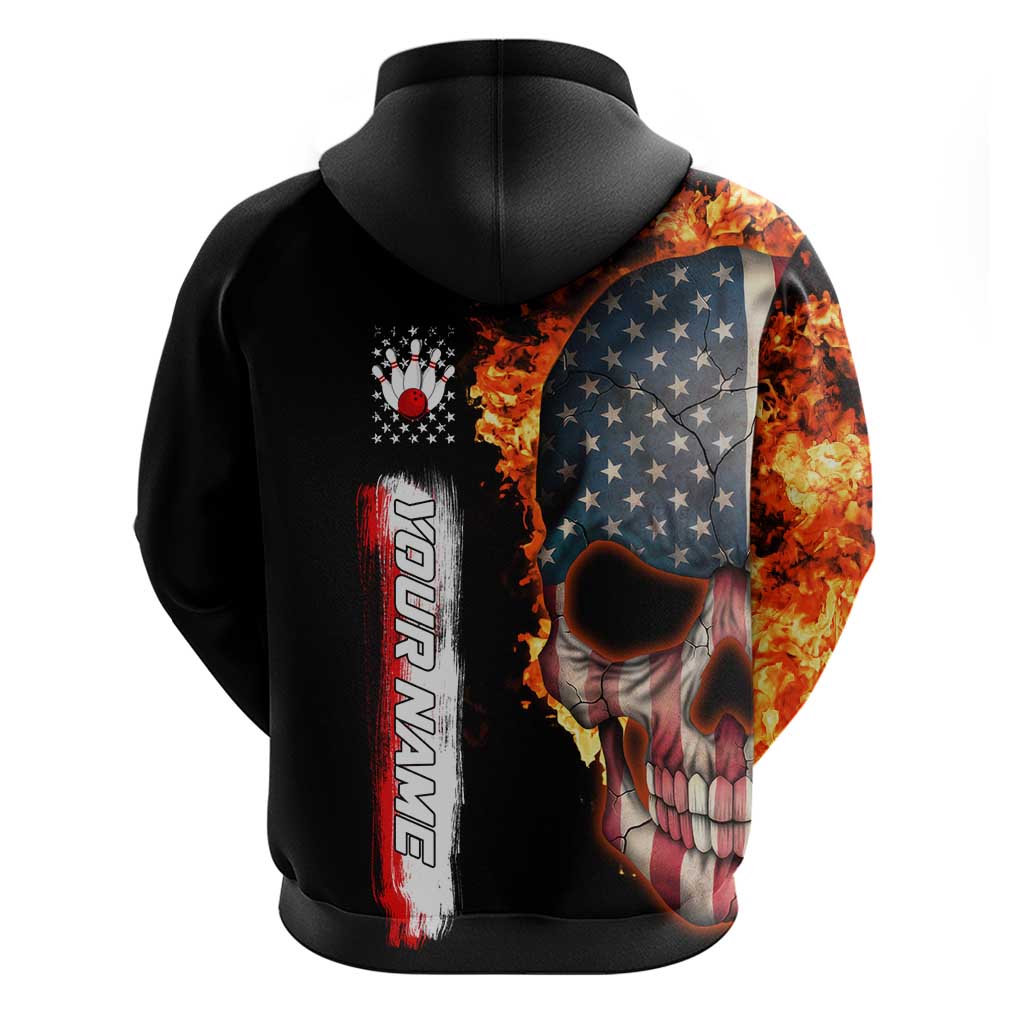 American Flag Skull Design Hoodie with Bowling Elements and Fire Background with Custom Team Name Text TS04