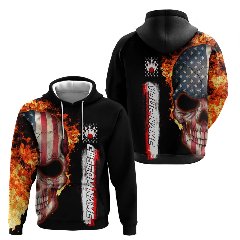 American Flag Skull Design Hoodie with Bowling Elements and Fire Background with Custom Team Name Text TS04