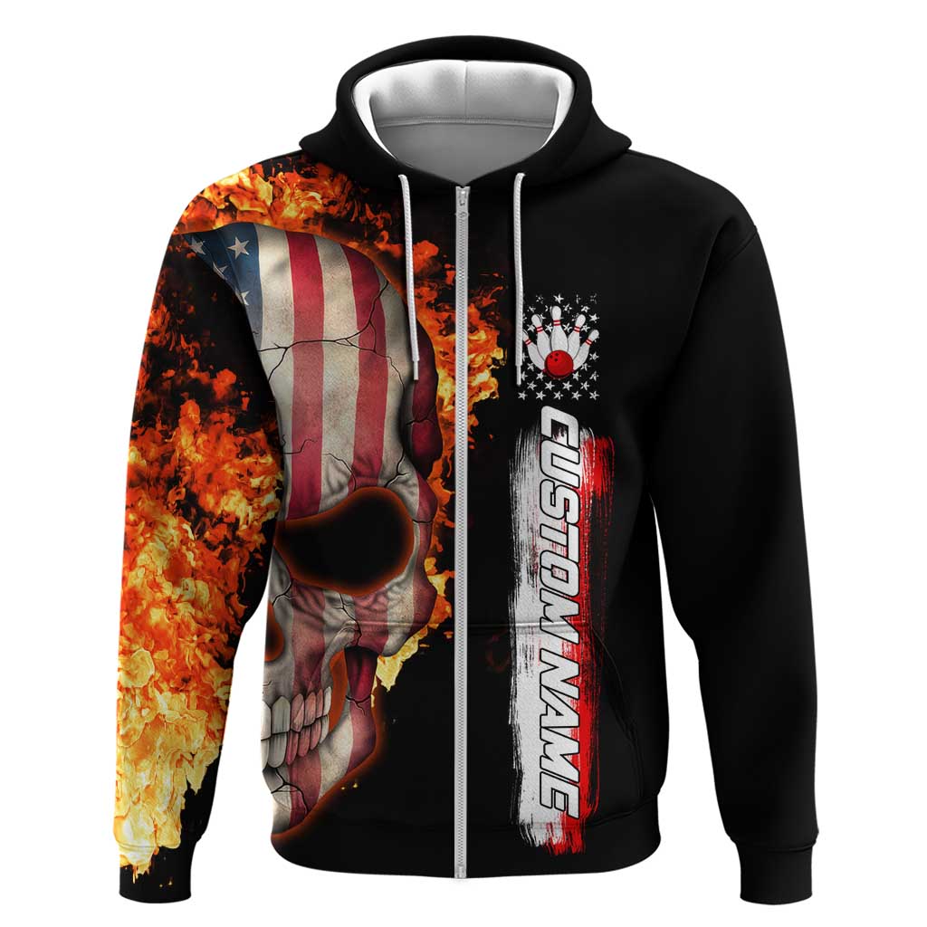 American Flag Skull Design Hoodie with Bowling Elements and Fire Background with Custom Team Name Text TS04