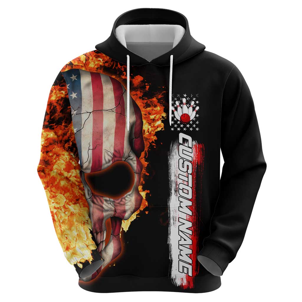 American Flag Skull Design Hoodie with Bowling Elements and Fire Background with Custom Team Name Text TS04