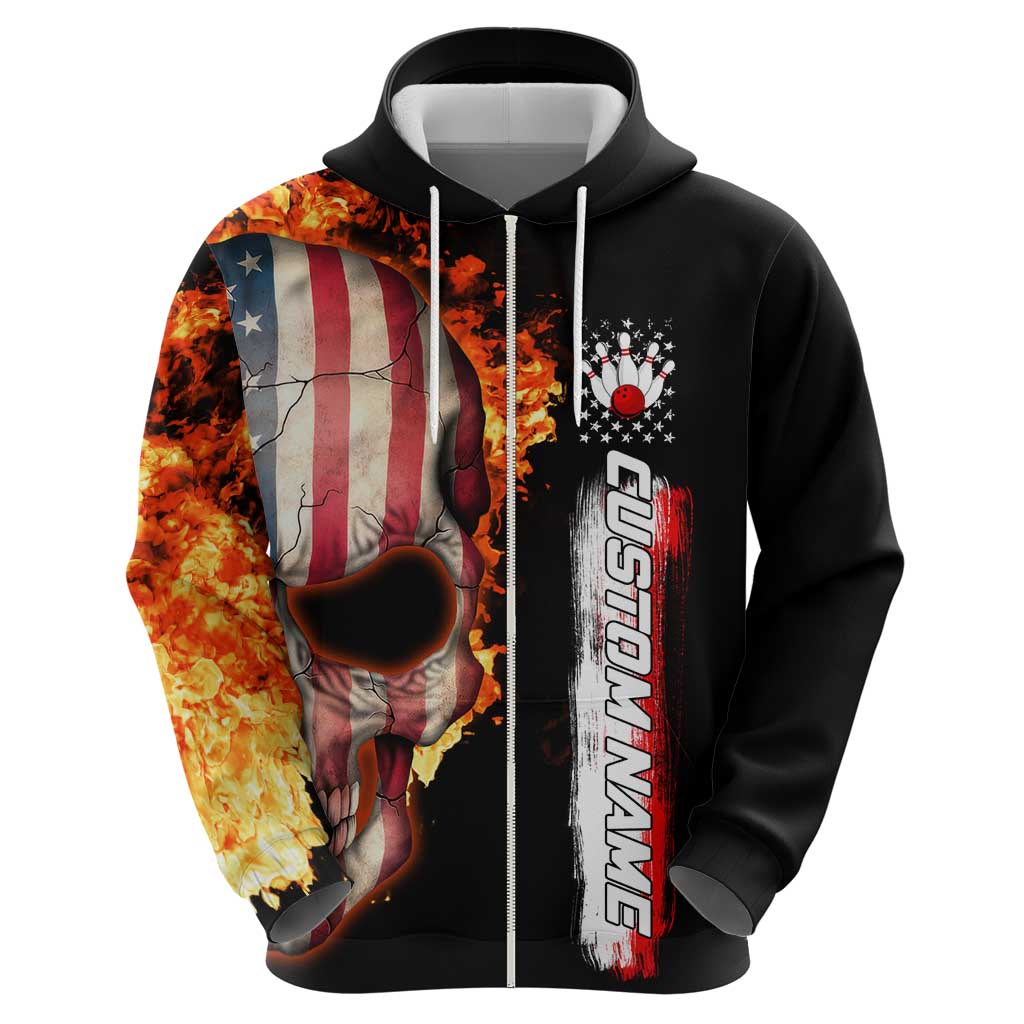 American Flag Skull Design Hoodie with Bowling Elements and Fire Background with Custom Team Name Text TS04