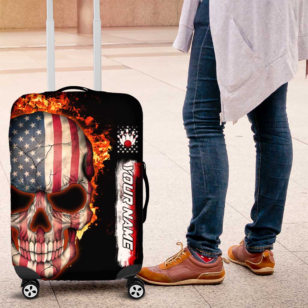 American Flag Skull Design Luggage Cover with Bowling Elements and Fire Background with Custom Team Name Text TS04