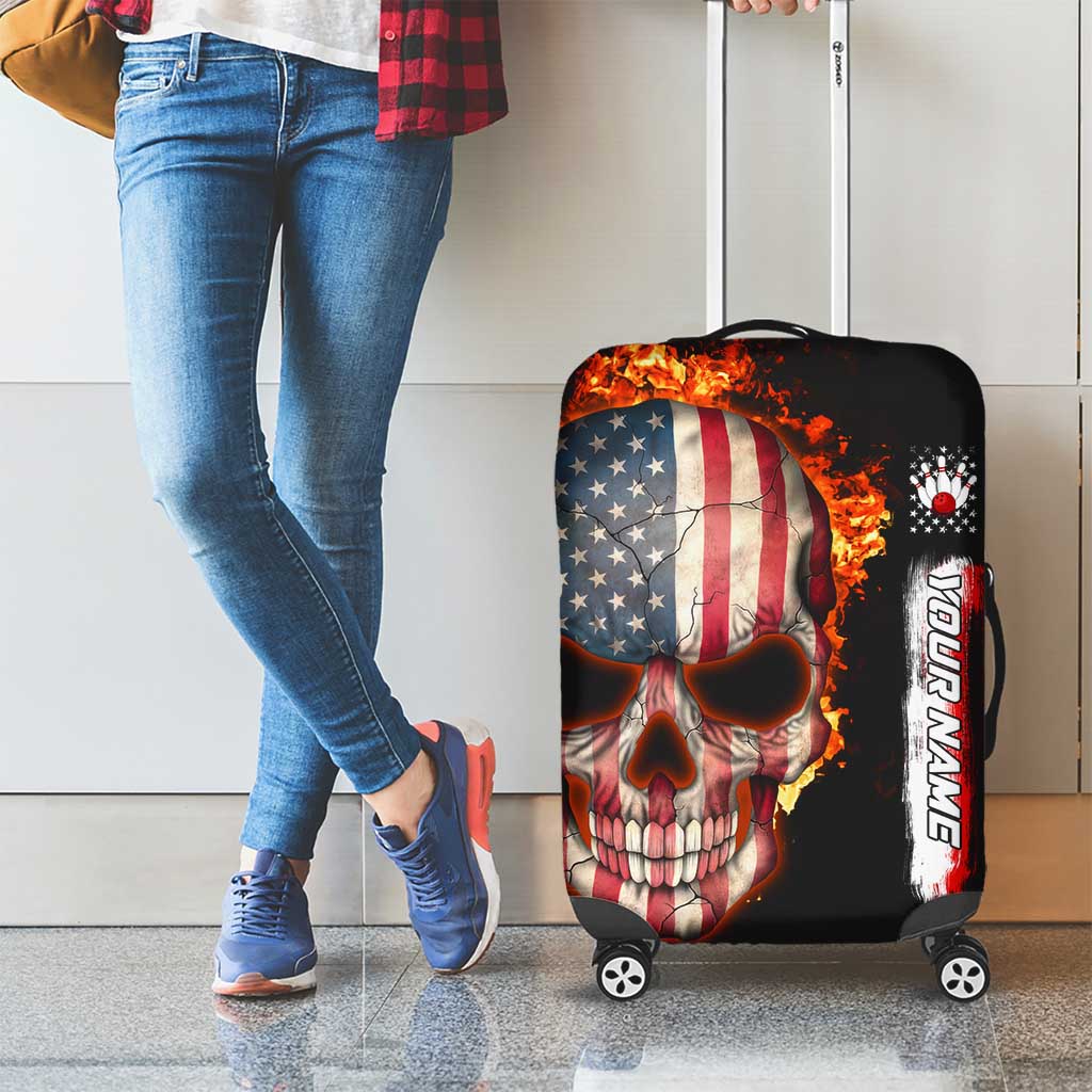 American Flag Skull Design Luggage Cover with Bowling Elements and Fire Background with Custom Team Name Text TS04