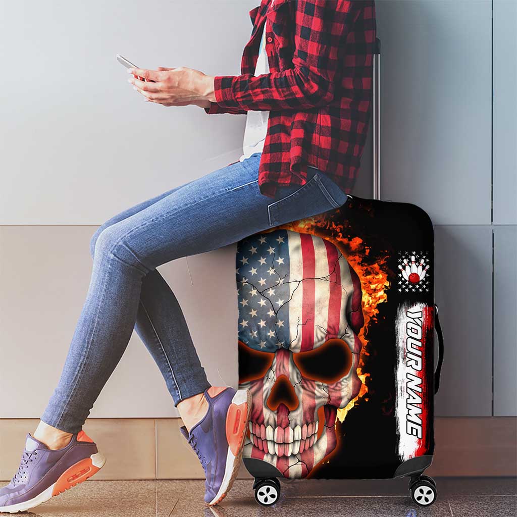 American Flag Skull Design Luggage Cover with Bowling Elements and Fire Background with Custom Team Name Text TS04